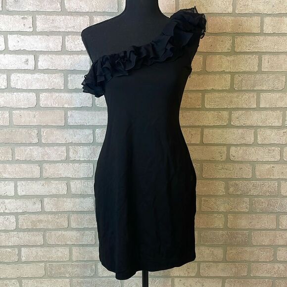 JAYGODFREY Black sedan Ruffled One Shoulder Sheath Dress Size 4 - Picture 1 of 8